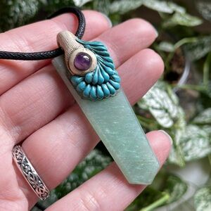 Green aventurine amethyst polymer clay crystal gemstone necklace pendant unisex